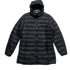 Eddie Bauer EB650 Goose Down Puffer Jacket Womens L Black Parka Coat Hood